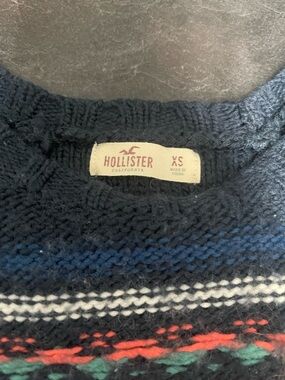 Hollister Navy Crewneck Sweater with Multicolor Accent Stripes